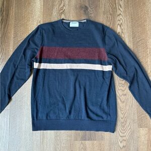 Old Navy Men’s Navy Crewneck Sweater with Burgundy and Cream Stripes